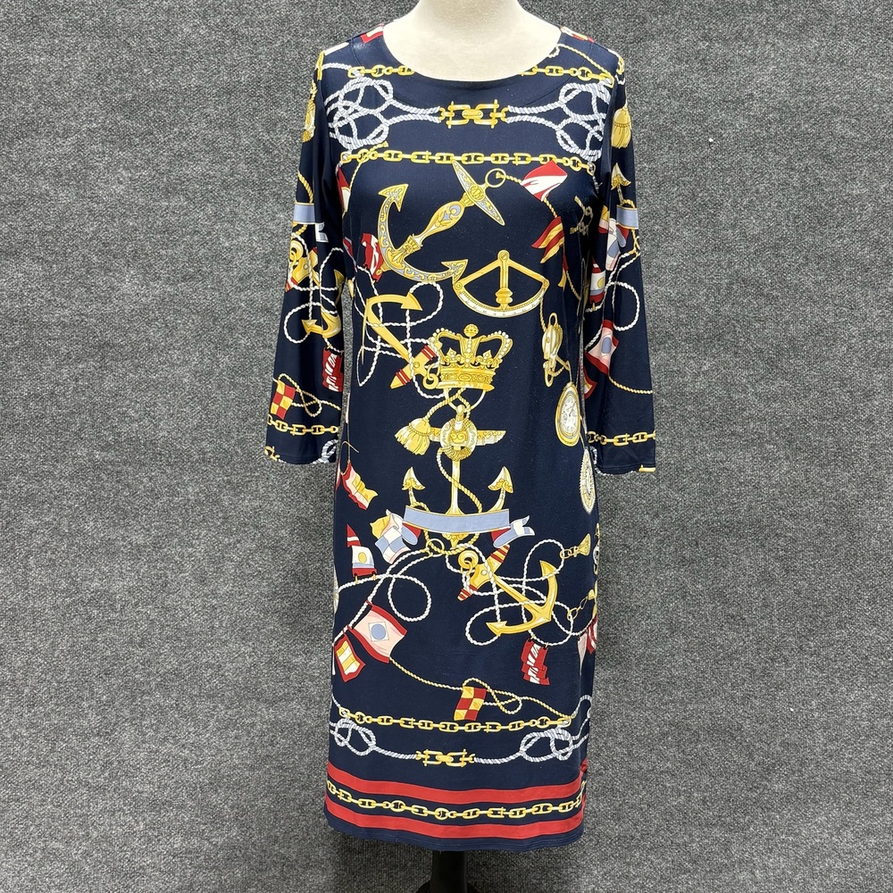 Talbots Dress Womens S Navy Multicolor Nautical Print 3/4 Sleeve Shift Knee